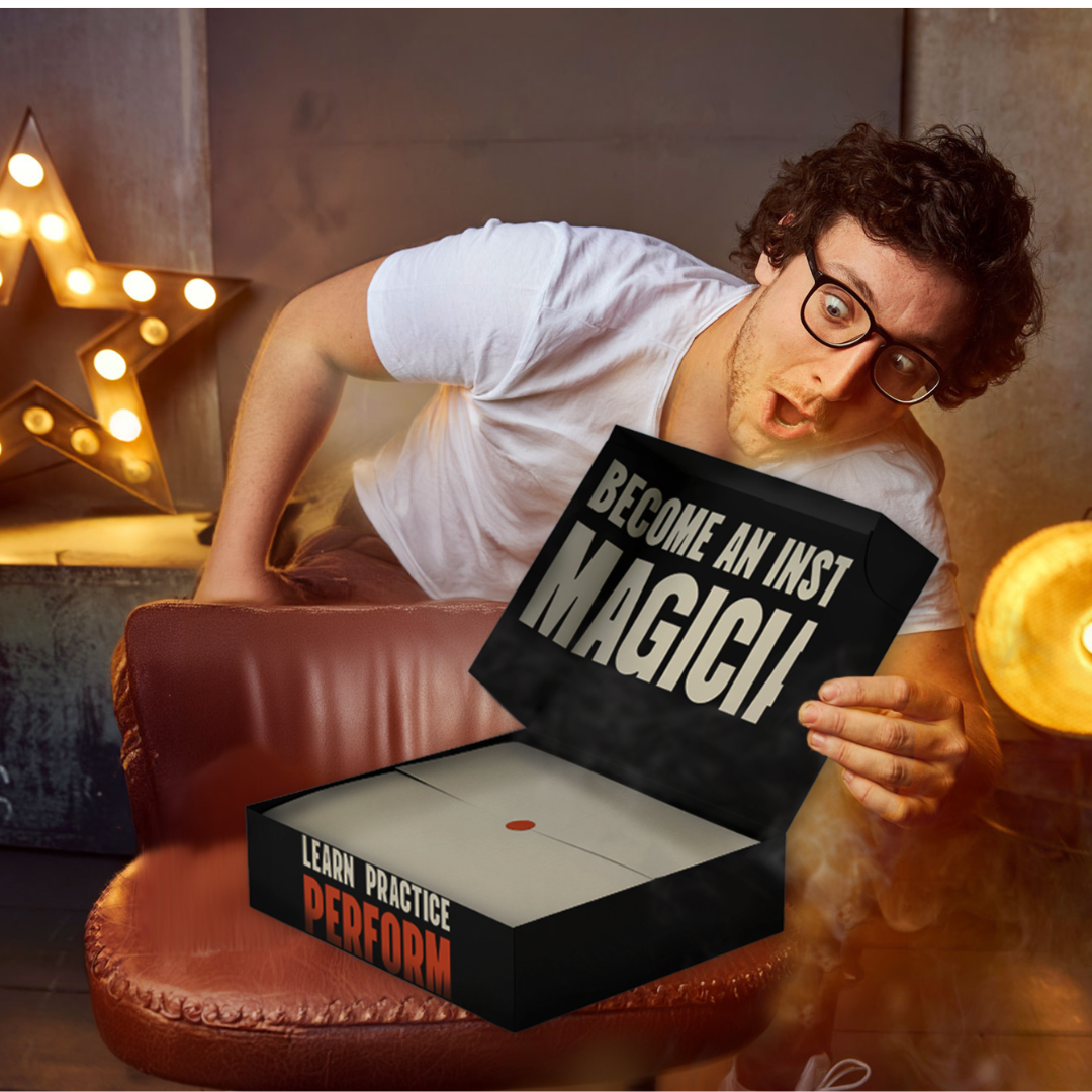 A surprised man in glasses with an open 'Become an INST MAGICIAN!' box showing a floating light inside.
